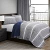 Grey Navy Stripe Motif 100% Cotton Reversible Quilt Coverlet Bedspread Set