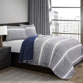 Grey Navy Stripe Motif 100% Cotton Reversible Quilt Coverlet Bedspread Set