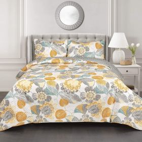 Yellow Grey Reversible 3 Piece Floral Cotton Quilt Set