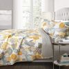 Yellow Grey Reversible 3 Piece Floral Cotton Quilt Set