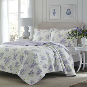 Full/Queen 3-Piece Cotton Quilt Set with White Purple Floral Pattern