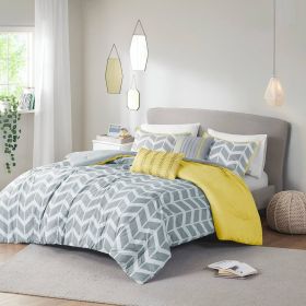 Grey White Yellow Reversible Comforter Set in Chevron Stripe