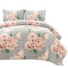 Polyester Rose Floral Striped Quilt Set