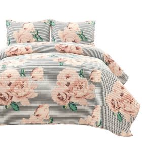Polyester Rose Floral Striped Quilt Set
