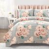 Polyester Rose Floral Striped Quilt Set