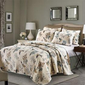 Cotton Quilt Bedspread Set with Floral Birds Pattern