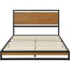 Modern Metal Platform Bed Frame with Solid Brown Wood Slatted Headboard