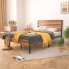 Brown Wooden Industrial Platform Bed Frame with Wood Slatted Headboard Footboard