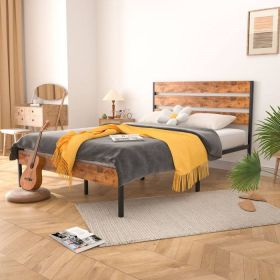 Brown Wooden Industrial Platform Bed Frame with Wood Slatted Headboard Footboard
