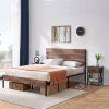 Brown Wooden Industrial Platform Bed Frame with Wood Slatted Headboard Footboard