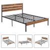Brown Wooden Industrial Platform Bed Frame with Wood Slatted Headboard Footboard