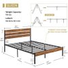 Brown Wooden Industrial Platform Bed Frame with Wood Slatted Headboard Footboard