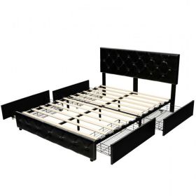 Black PU Leather Button Tufted Platform Bed with 4 Storage Drawers