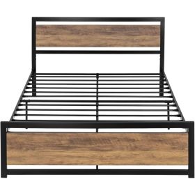 Metal Platform Bed Frame with Brown Wood Panel Headboard and Footboard