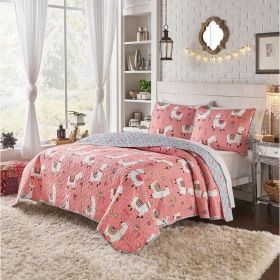 Pink and Blue Reversible Floral Llama 100-Percent Cotton Quilt Set