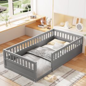 Twin Floor Bed Frame with Fence, Wood Kids Floor Beds Frame for Bedroom Playroom