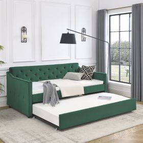 Twin Size Daybed with Twin Size Trundle Upholstered Tufted Sofa Bed, Waved Shape Arms