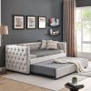 Daybed with Trundle Upholstered Tufted Sofa Bed, with Button and Copper Nail on Square Arms
