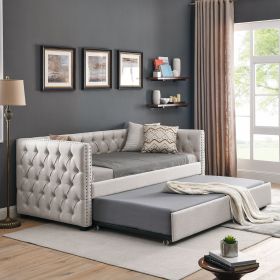 Daybed with Trundle Upholstered Tufted Sofa Bed, with Button and Copper Nail on Square Arms