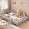 Full Size Floor Platform Bed with Fence and Door for Kids, Montessori Floor Bed Frame with Support Slats for Toddlers