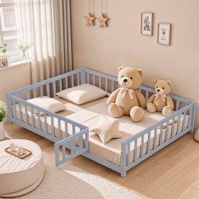 Full Size Floor Platform Bed with Fence and Door for Kids, Montessori Floor Bed Frame with Support Slats for Toddlers