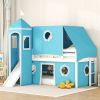 Twin Size Bunk Bed with Slide Blue Tent and Tower