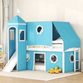 Twin Size Bunk Bed with Slide Blue Tent and Tower