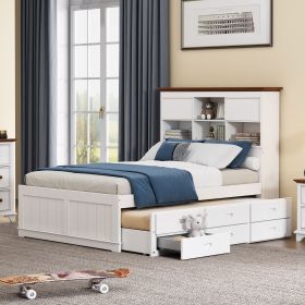 Solid Pine Captain Bookcase Bed with Trundle Bed and 3 Spacious Under Bed Drawers