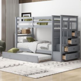 Twin Over Twin Bunk Bed with Trundle and Staircase with Drawers