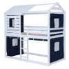 Twin Size Bunk Wood House Bed with Tent, Blue+White