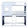 Twin Size Bunk Wood House Bed with Tent, Blue+White