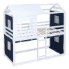 Twin Size Bunk Wood House Bed with Tent, Blue+White