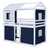 Twin Size Bunk Wood House Bed with Tent, Blue+White