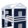 Twin Size Bunk Wood House Bed with Tent, Blue+White