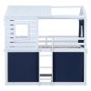 Twin Size Bunk Wood House Bed with Tent, Blue+White