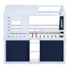 Twin Size Bunk Wood House Bed with Tent, Blue+White