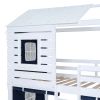 Twin Size Bunk Wood House Bed with Tent, Blue+White