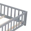 Full Size Floor Platform Bed with Fence and Door for Kids, Montessori Floor Bed Frame with Support Slats for Toddlers