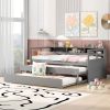 Twin XL Wood Daybed with 2 Trundles, 3 Storage Cubbies, 1 Light for Free and USB Charging Design, Grey