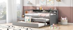 Twin XL Wood Daybed with 2 Trundles, 3 Storage Cubbies, 1 Light for Free and USB Charging Design, Grey