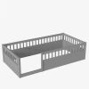 Twin Floor Bed Frame with Fence, Wood Kids Floor Beds Frame for Bedroom Playroom