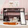 Low Bunk Bed with Slide, Ladder and Fence for Toddlers - Full over Full
