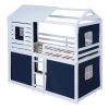 Twin Size Bunk Wood House Bed with Tent, Blue+White