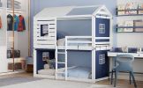 Twin Size Bunk Wood House Bed with Tent, Blue+White