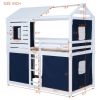 Twin Size Bunk Wood House Bed with Tent, Blue+White