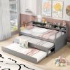 Twin XL Wood Daybed with 2 Trundles, 3 Storage Cubbies, 1 Light for Free and USB Charging Design, Grey
