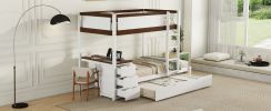 Twin-Over-Twin Bunk Bed with Twin size Trundle, Storage and Desk, White + Walnut