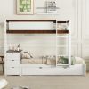Twin-Over-Twin Bunk Bed with Twin size Trundle, Storage and Desk, White + Walnut