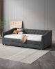 Twin Size Daybed with Twin Size Trundle Upholstered Tufted Sofa Bed, with Brass Nails
