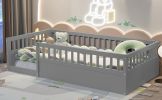 Twin Floor Bed Frame with Fence, Wood Kids Floor Beds Frame for Bedroom Playroom